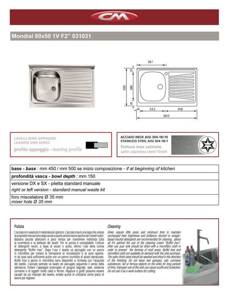 BASIC - Mobile sottolavello cucina 80 cm cassettiera dx Lavello inox 1 vasca rovere well