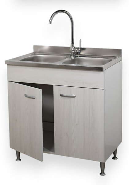 BASIC - Mobile sottolavello cucina 2 ante con lavello inox 2 vasche frassino moire