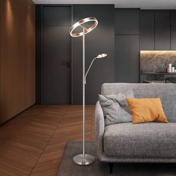 Trio Lighting Lampada da terra a LED Willis, dimmerabile, Alluminio / Grigio / Zincato, Soggiorno / Sala da pranzo, Metallo, Moderno, Lampada LED da terra