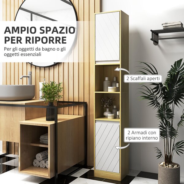 HOMCOM Mobile Colonna Bagno Salvaspazio in Legno con 2 Armadietti e Ripiani, 30x24x170 cm, Rovere e Bianco