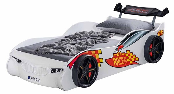 Letto a forma di auto da corsa, colore bianco