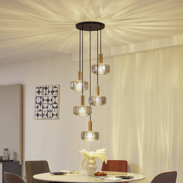 Lampada a sospensione in vetro Hildur Lindby, dimmerabile, Alluminio / Grigio / Zincato, Soggiorno / Sala da pranzo, Vetro, Lampada a sospensione