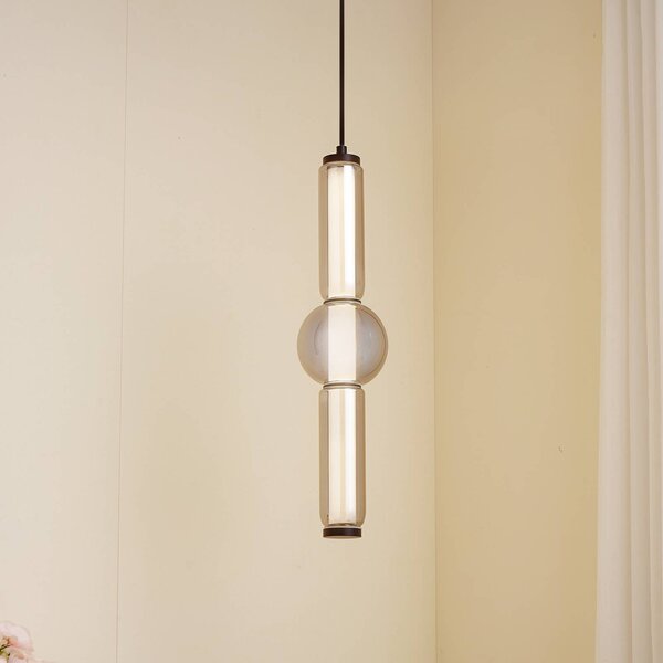 Lucande lampada LED a sospensione Savete, grigio fumo, vetro, Ø 12 cm Savete, Alluminio / Grigio / Zincato, Soggiorno / Sala da pranzo, Vetro, Moderno