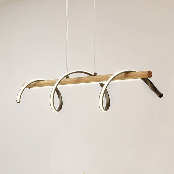 Lindby lampada LED a sospensione Spiraali, nero, legno, lunghezza 95 cm Spiraali, Nero, Soggiorno / Sala da pranzo, Alluminio, Campagna / Rustiche