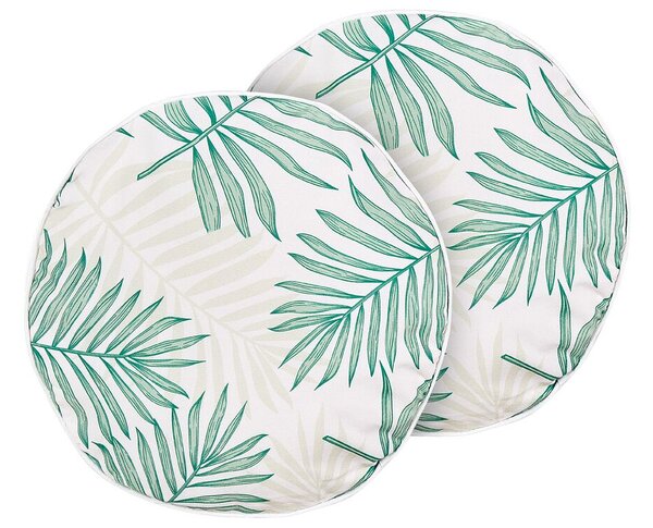 Set di 2 cuscini da esternio in tessuto di poliestere beige e verde con motivo a foglia di palma ⌀ 40 cm esterno interno giardino Fr. Beliani