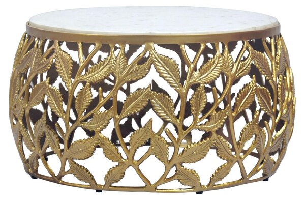 Tavolino WOHNLING, diametro 60 cm, colore oro, con piano in marmo bianco. Tavolino rotondo per il soggiorno, ideale come tavolino da divano o tavolino ausiliario. Realizzato in alluminio, design artigianale
