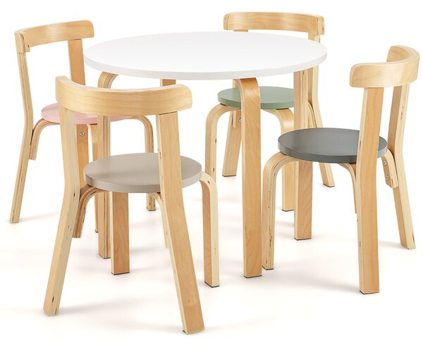 Costway Set tavolo e sedie per bambini da 5 pezzi con schienale curvo in legno, Tavolo attività con 4 sedie Colorato