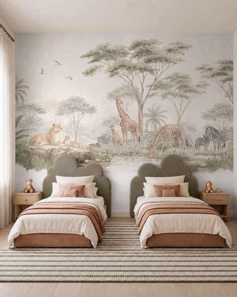 Carta da parati Safari con giraffe, leoni, zebre e alberi tropicali, Carta da parati Buffer, w05804 : Uwalls.it
