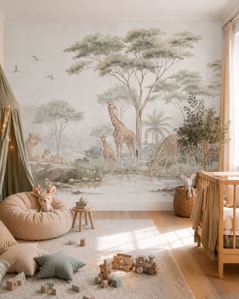 Carta da parati Safari con giraffe, leoni, zebre e alberi tropicali, Carta da parati Buffer, w05804 : Uwalls.it