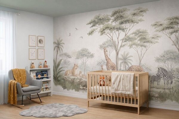 Carta da parati Safari con giraffe, leoni, zebre e alberi tropicali, Carta da parati Buffer, w05804 : Uwalls.it