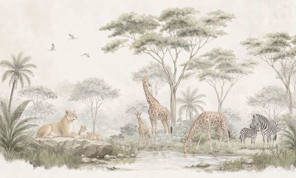 Carta da parati Safari con giraffe, leoni, zebre e alberi tropicali, Carta da parati Buffer, w05804 : Uwalls.it