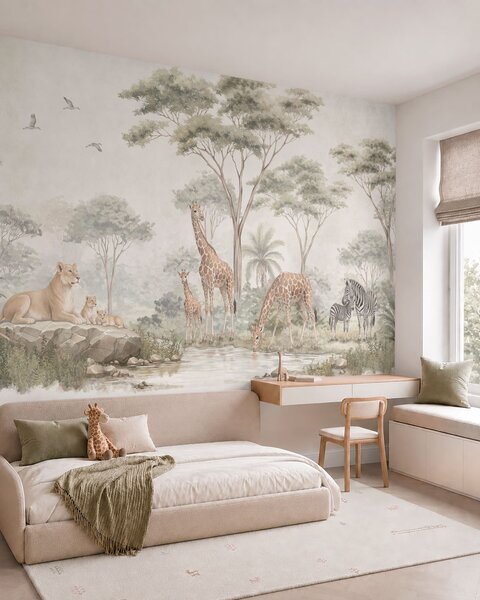 Carta da parati Safari con giraffe, leoni, zebre e alberi tropicali, Carta da parati Buffer, w05804 : Uwalls.it