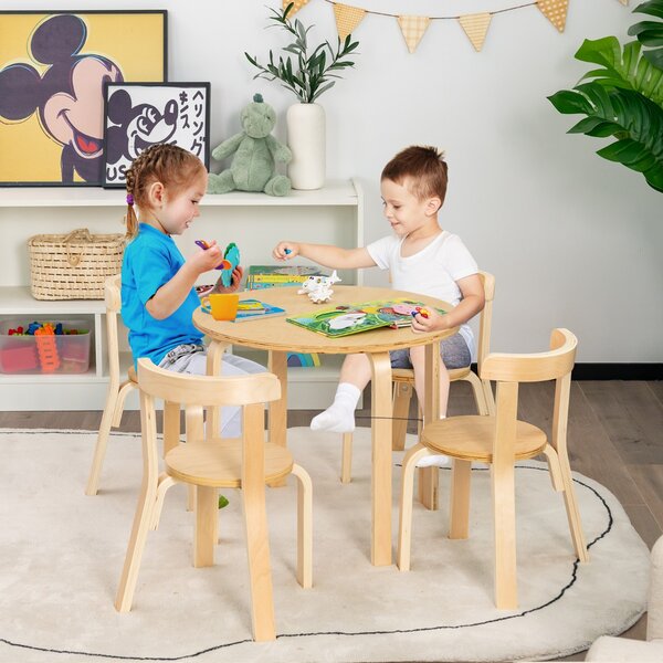 Costway Set tavolo e sedie per bambini da 5 pezzi con schienale curvo in legno, Tavolo attività con 4 sedie Naturale