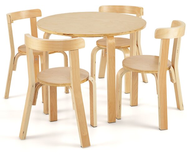 Costway Set tavolo e sedie per bambini da 5 pezzi con schienale curvo in legno, Tavolo attività con 4 sedie Naturale