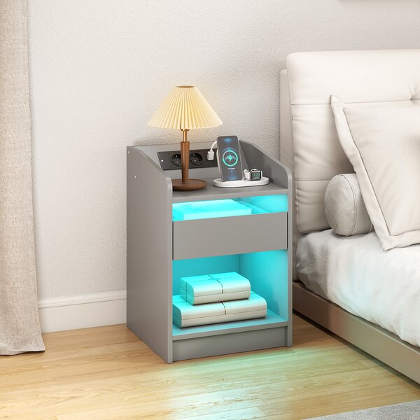 HOMCOM Comodino con LED RGB, USB, cassetto e telecomando, 40x40x58 cm, grigio | Aosom Italy