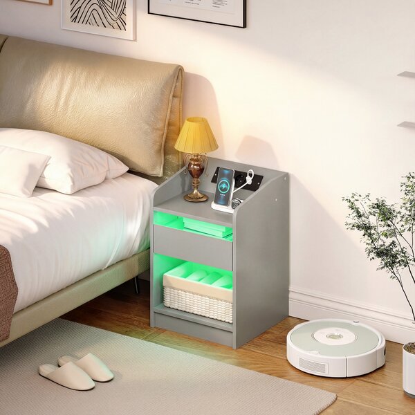 HOMCOM Comodino con LED RGB, USB, cassetto e telecomando, 40x40x58 cm, grigio | Aosom Italy