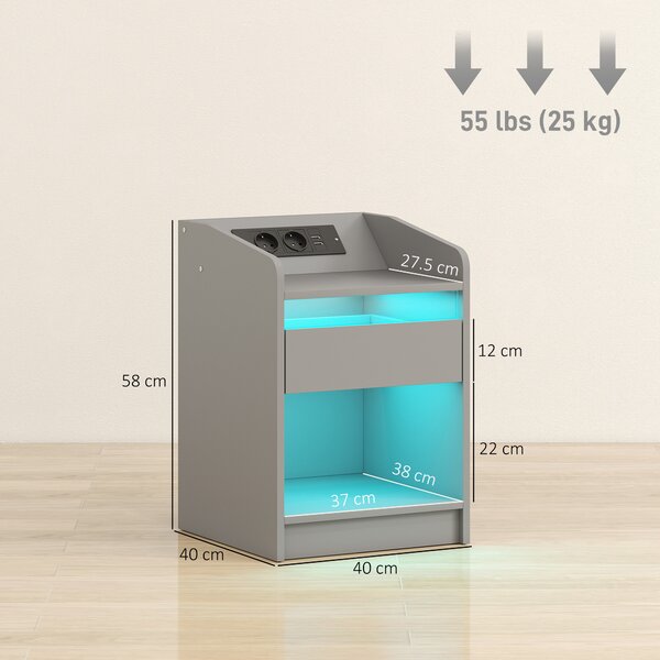 HOMCOM Comodino con LED RGB, USB, cassetto e telecomando, 40x40x58 cm, grigio | Aosom Italy