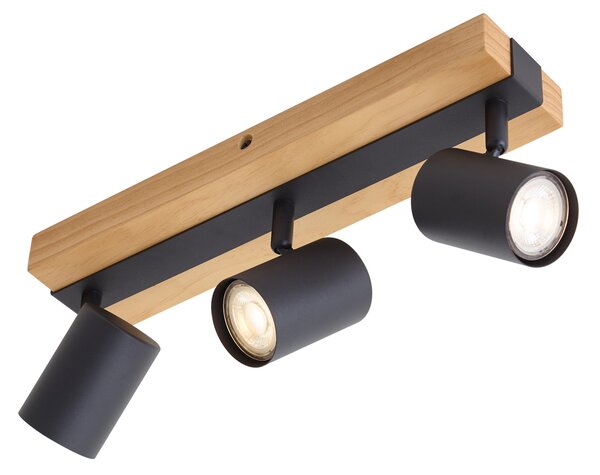 Plafoniera nera con legno 3 luci regolabili rettangolari - Jeana