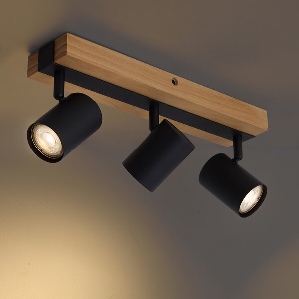 Plafoniera nera con legno 3 luci regolabili rettangolari - Jeana