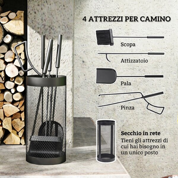 Outsunny Set Attrezzi Camino 5 Pezzi con Cestino, Scopa, Paletta, Pinze e Attizzatoio in Metallo, Salvaspazio, Nero | Aosom Italy