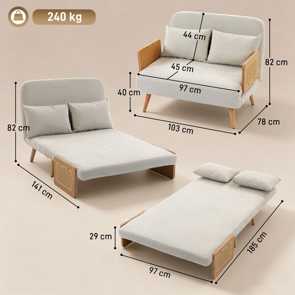 HOMCOM Divano letto 2 posti 3 in 1 in ciniglia con 2 cuscini, 103 cm, crema | Aosom Italy