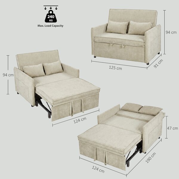 HOMCOM Divano letto 2 posti 3 in 1 in ciniglia con 2 cuscini, 125 cm, crema | Aosom Italy