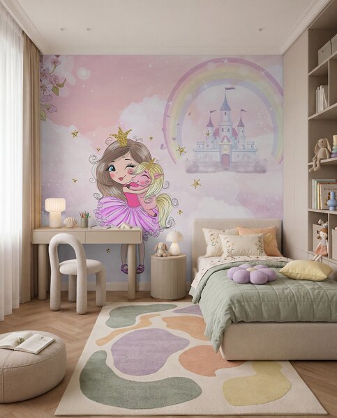 Carta da parati Principessa e unicorno sullo sfondo del castello con un arcobaleno, Carta da parati per Bambini, u95401 : Uwalls.it