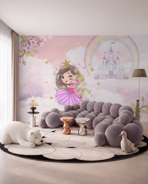 Carta da parati Principessa e unicorno sullo sfondo del castello con un arcobaleno, Carta da parati per Bambini, u95401 : Uwalls.it