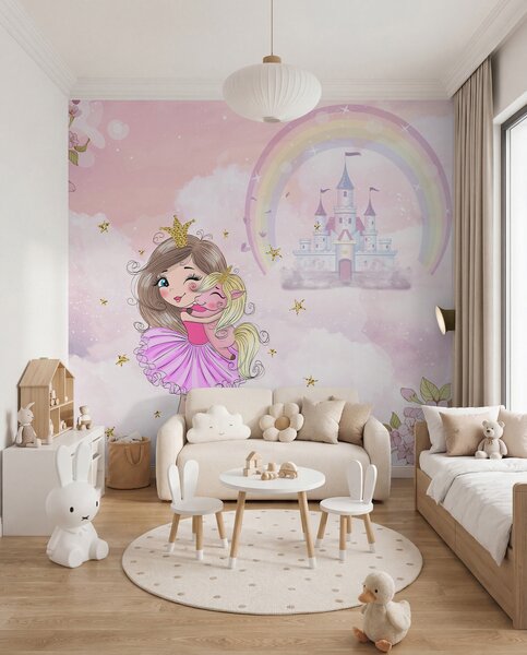 Carta da parati Principessa e unicorno sullo sfondo del castello con un arcobaleno, Carta da parati per Bambini, u95401 : Uwalls.it