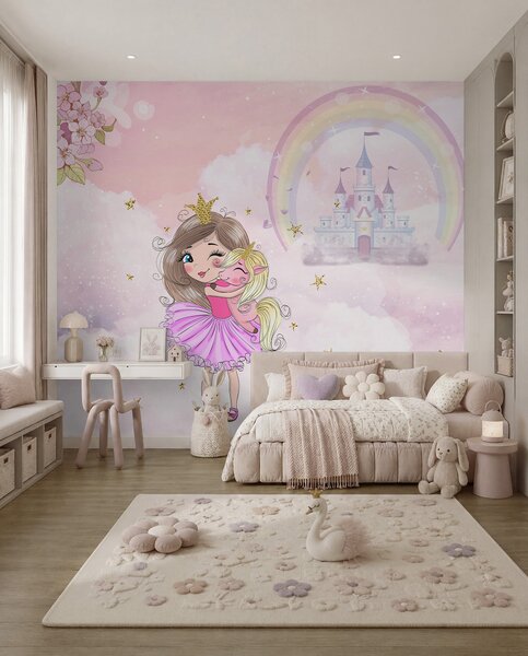 Carta da parati Principessa e unicorno sullo sfondo del castello con un arcobaleno, Carta da parati per Bambini, u95401 : Uwalls.it