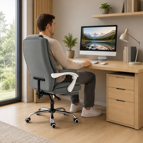 HOMCOM Sedia da ufficio ergonomica reclinabile in pelle sintetica, regolabile, grigio | Aosom Italy