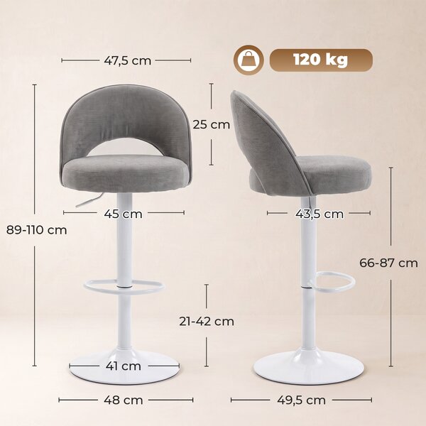 HOMCOM Set 2 sgabelli da bar in ciniglia, girevoli 360° e regolabili, grigio | Aosom Italy