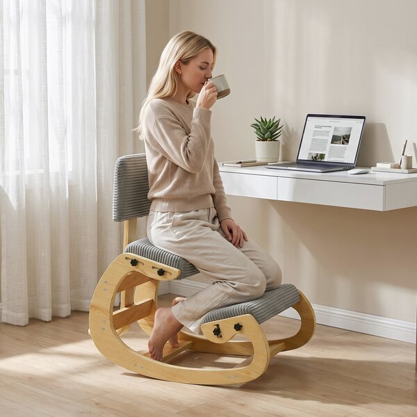 HOMCOM Sgabello ergonomico inginocchiatorio con schienale, tessuto a coste, grigio scuro | Aosom Italy