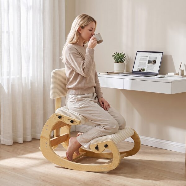 HOMCOM Sgabello ergonomico da ginocchio con schienale, velluto a coste, bianco crema | Aosom Italy