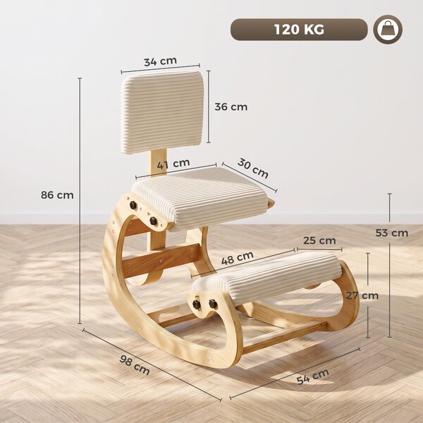 HOMCOM Sgabello ergonomico da ginocchio con schienale, velluto a coste, bianco crema | Aosom Italy
