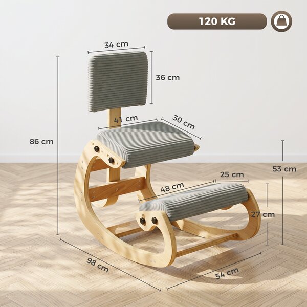 HOMCOM Sgabello ergonomico inginocchiatorio con schienale, tessuto a coste, grigio scuro | Aosom Italy