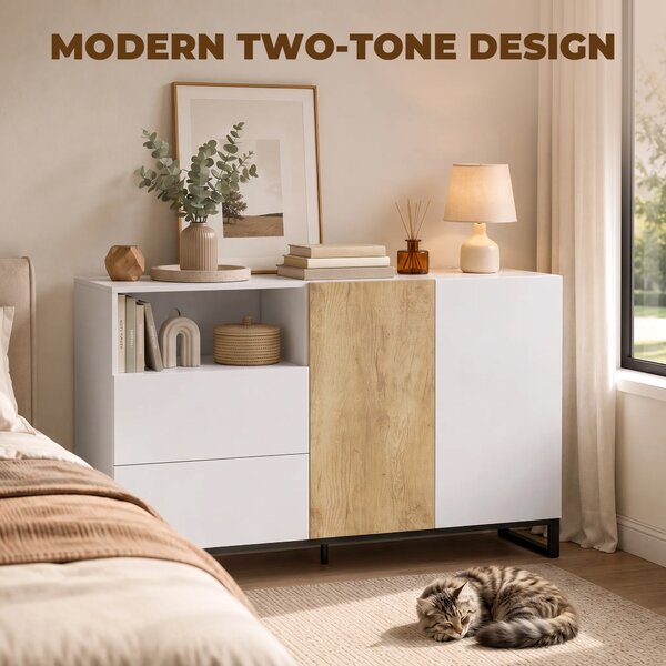 HOMCOM Madia credenza moderna con ripiano aperto, 140 cm, bianco e rovere | Aosom Italy
