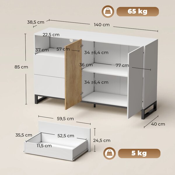 HOMCOM Madia credenza moderna con ripiano aperto, 140 cm, bianco e rovere | Aosom Italy