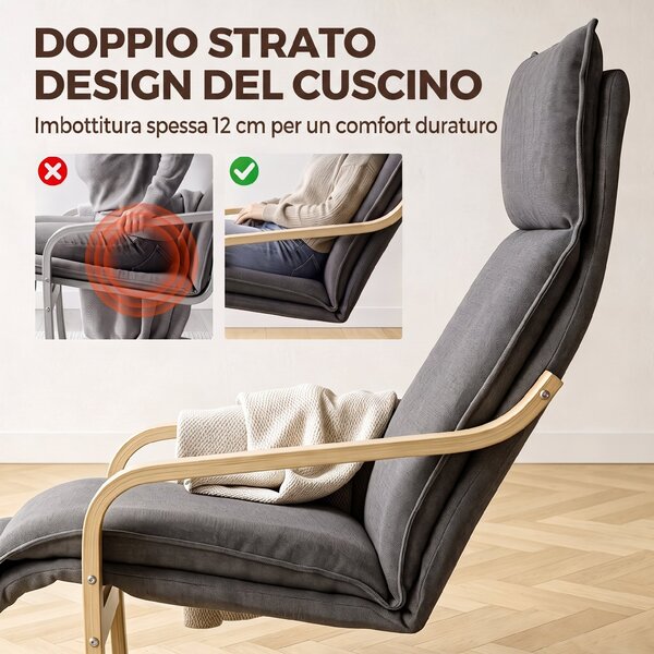HOMCOM Poltrona da salotto in lino con poggiapiedi e schienale alto, grigio scuro | Aosom Italy