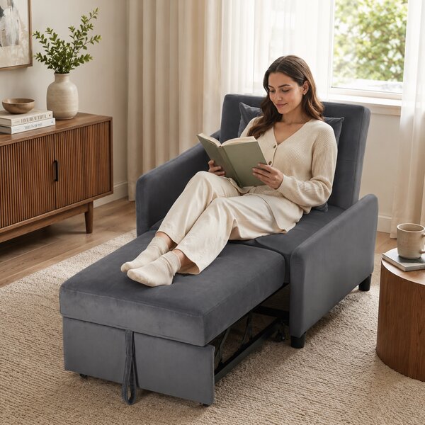 HOMCOM Poltrona Letto Singolo 4 in 1 Estraibile a Trapuntato, Reclinabile, in Velluto, Grigio Scuro | Aosom Italy