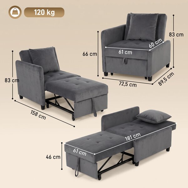HOMCOM Poltrona Letto Singolo 4 in 1 Estraibile a Trapuntato, Reclinabile, in Velluto, Grigio Scuro | Aosom Italy