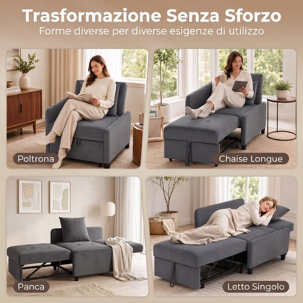 HOMCOM Poltrona Letto Singolo 4 in 1 Estraibile a Trapuntato, Reclinabile, in Velluto, Grigio Scuro | Aosom Italy
