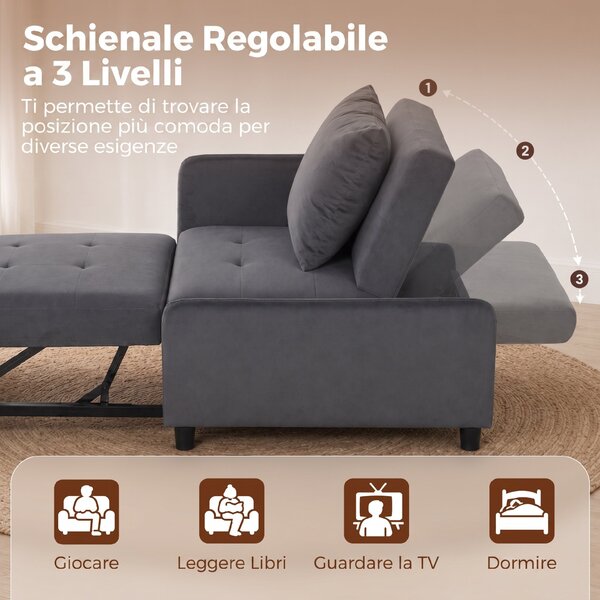HOMCOM Poltrona Letto Singolo 4 in 1 Estraibile a Trapuntato, Reclinabile, in Velluto, Grigio Scuro | Aosom Italy