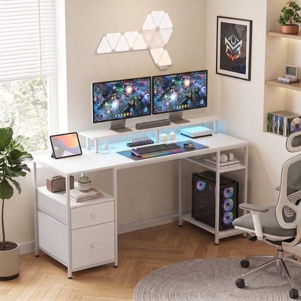 HOMCOM Scrivania LED con cassetti, prese, USB e supporto monitor, 155,5x48x88,5 cm, bianco | Aosom Italy