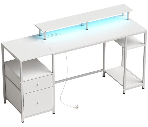 HOMCOM Scrivania LED con cassetti, prese, USB e supporto monitor, 155,5x48x88,5 cm, bianco | Aosom Italy