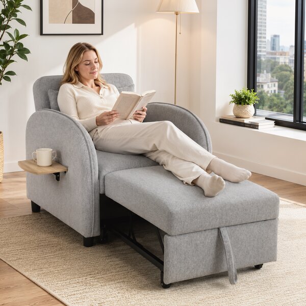 HOMCOM Poltrona Letto 3 in 1 Estraibile in Tessuto Lino, Schienale Regolabile, Tavolino Laterale, Grigio | Aosom Italy