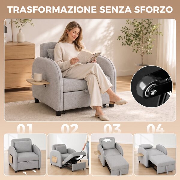 HOMCOM Poltrona Letto 3 in 1 Estraibile in Tessuto Lino, Schienale Regolabile, Tavolino Laterale, Grigio | Aosom Italy