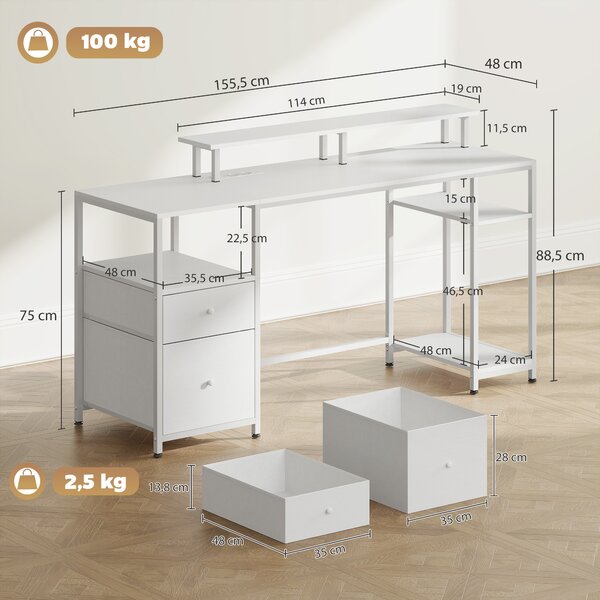 HOMCOM Scrivania LED con cassetti, prese, USB e supporto monitor, 155,5x48x88,5 cm, bianco | Aosom Italy
