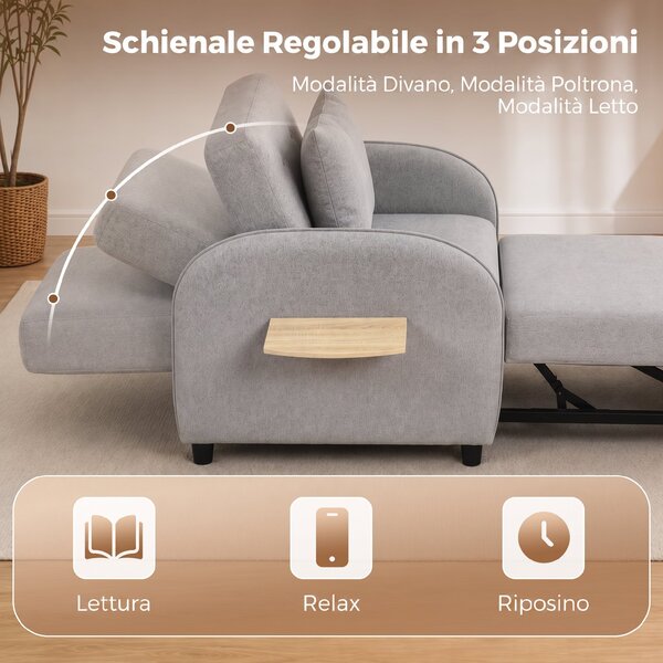 HOMCOM Poltrona Letto 3 in 1 Estraibile in Tessuto Lino, Schienale Regolabile, Tavolino Laterale, Grigio | Aosom Italy