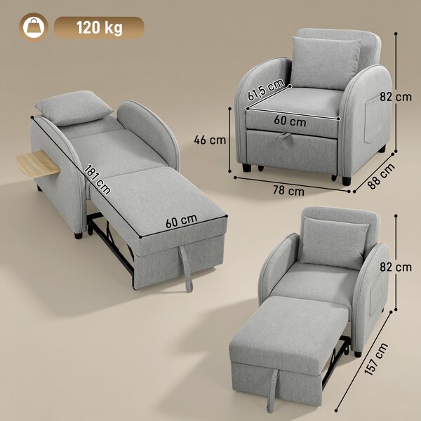 HOMCOM Poltrona Letto 3 in 1 Estraibile in Tessuto Lino, Schienale Regolabile, Tavolino Laterale, Grigio | Aosom Italy